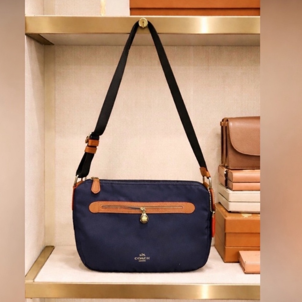 Coach Sawyer Navy Adjustable Crossbody with Tan Trim and Red Stitching